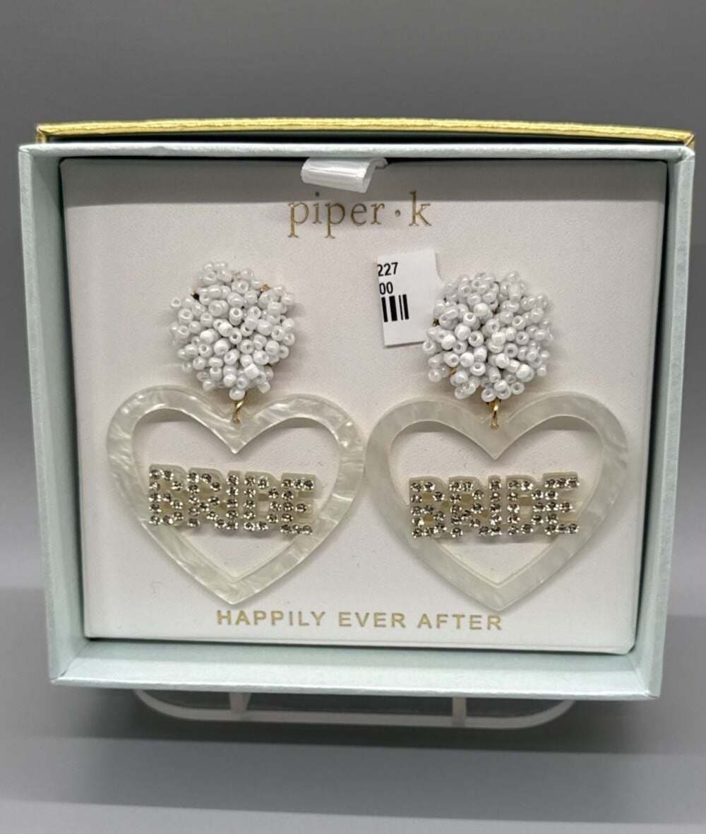 Piper K Rhinestone BRIDE Beaded Heart Dangle Drop Earrings Faux MOP Wedding NWT